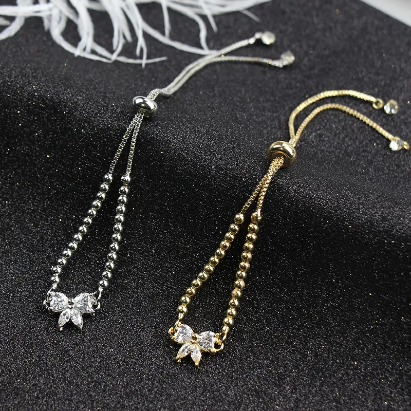 Butterfly Bracelet Copper Cubic Zirconia Inlaid Adjustable Bolo Clasp Dainty Elegant Jewelry For Women