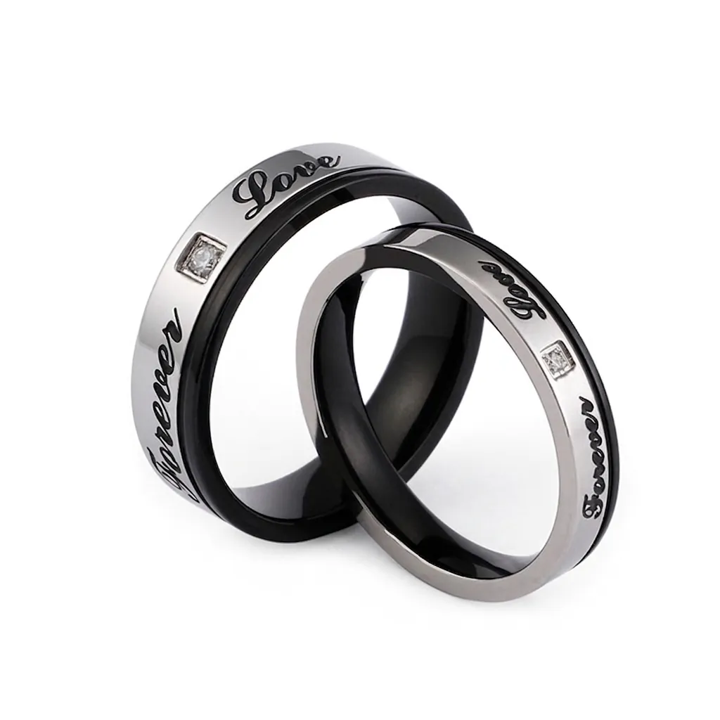 Bagues De Couple Gravées Forever Love Acier Inoxydable Bicolore Noir Argent Zircone Cubique Incrustée Bijoux De Promesse Romantique