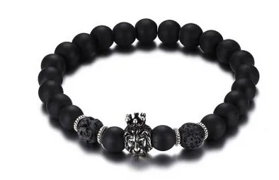 Bracciale Da Uomo In Perline Pietra Lavica Nera Opaca Testa Di Leone In Lega Corona Vintage Gioielli Elastici