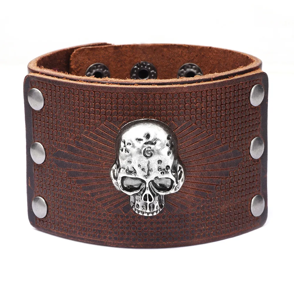Men Wide Leather Cuff Bracelet With Metal Skull And Rivet Punk Gothic Style Adjustable Snaps Vintage Jewelry
