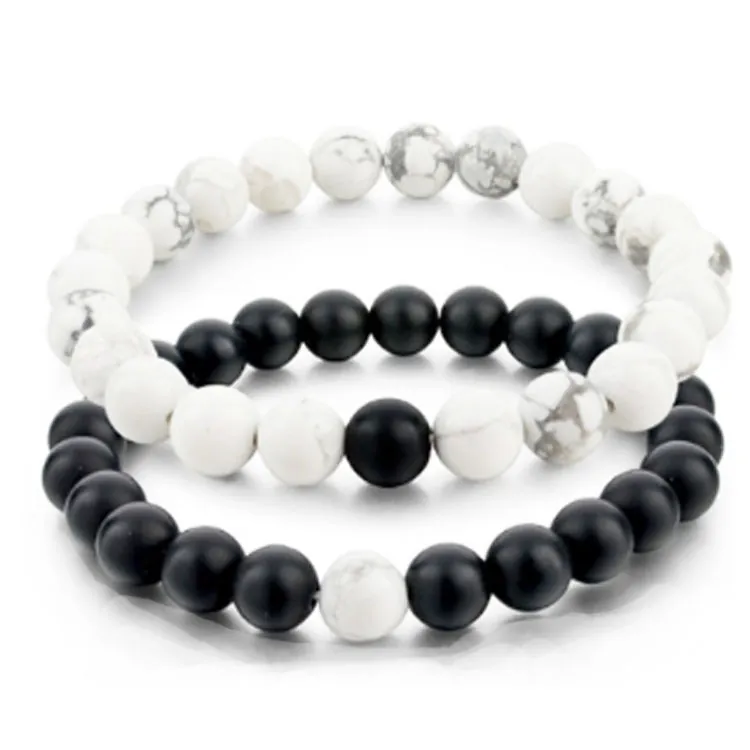 Handmade 8mm Natural Stone Bead Couple Bracelets Matte Black Agate White Turquoise Lava Stone Tiger Eye Jewelry Men Women