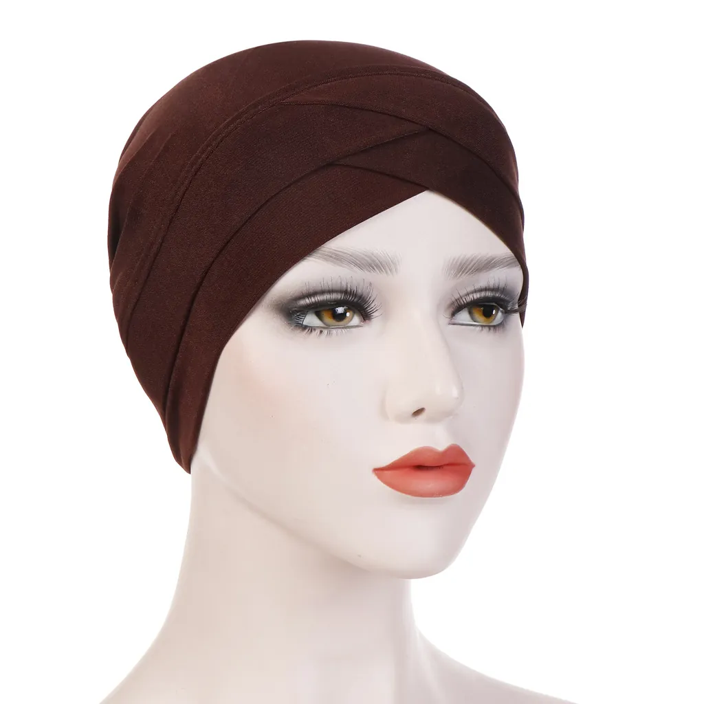 Women Turban Hat Criss-Cross Front Stretch Polyester Muslim Hijab Cap Breathable Soft Headwear Chemo Hair Loss Cover