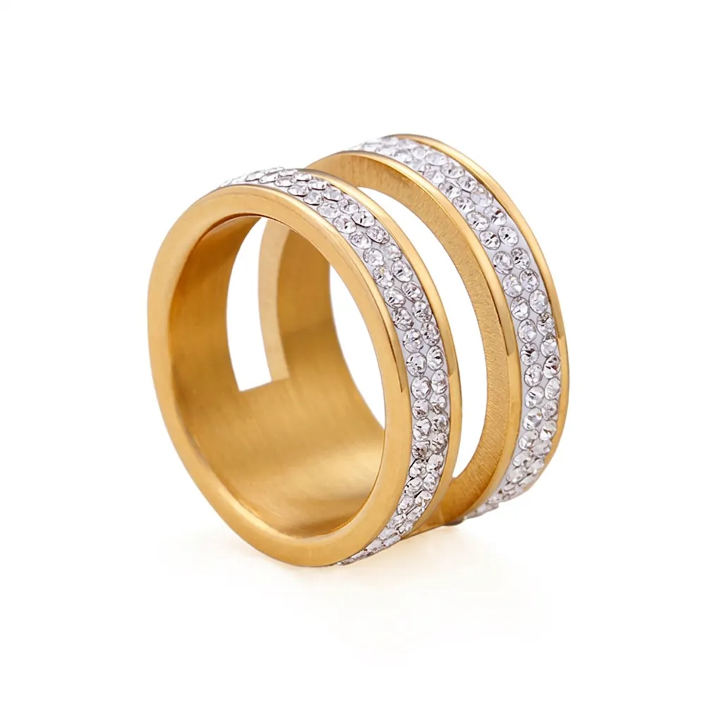 Bague En Acier Inoxydable Zirconium Plaqué Or 18K Bande Parallèle Bijou Géométrique Pour Femmes Élégant