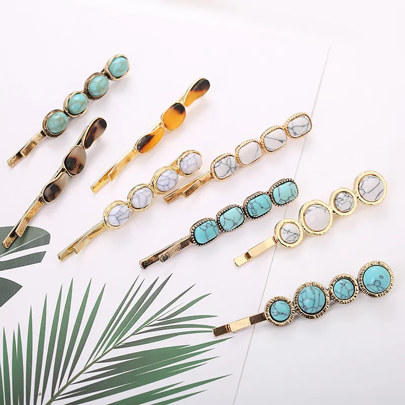 Vintage Geometric Hair Clips Alloy Resin Marble Turquoise Amber Pattern Bobby Pins Bohemian Style For Women
