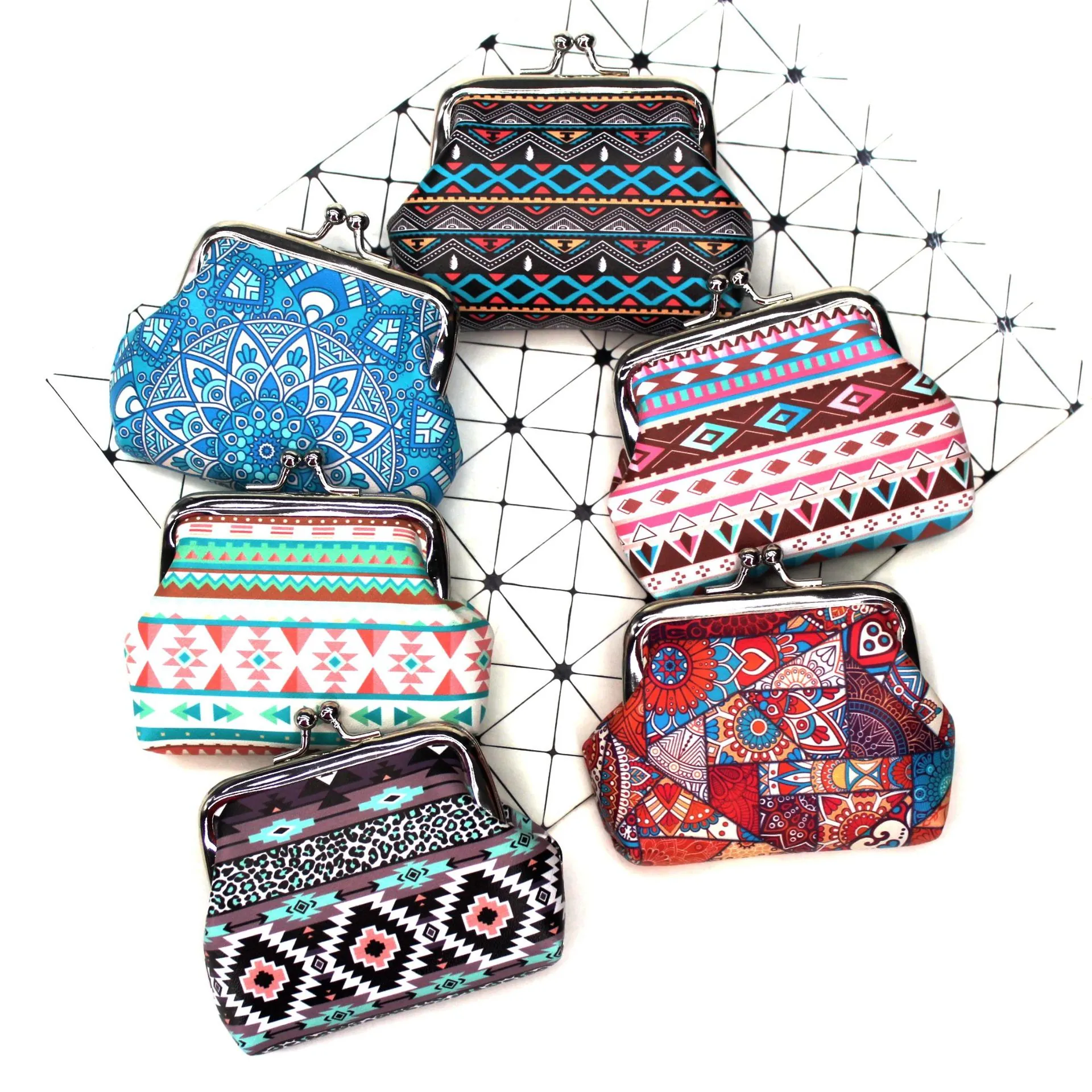 Retro Ethnic Print PU Leather Coin Purse For Women Girls Mini Kiss-Lock Clasp Wallet Mandala Geometric Pattern