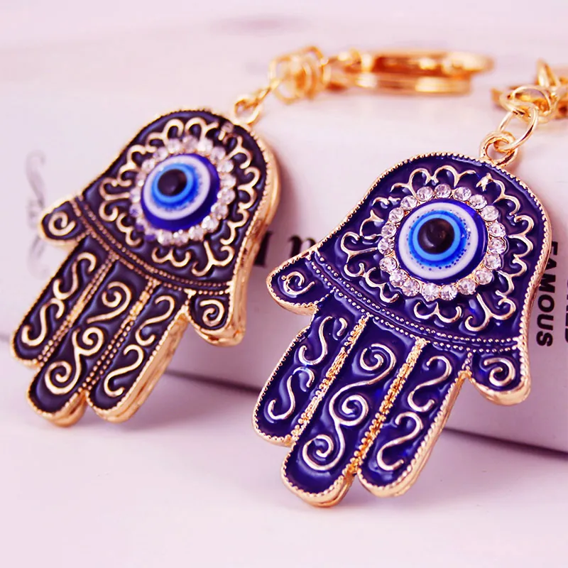 Hamsa Hand Evil Eye Keychain Zinc Alloy Enamel Rhinestone Protective Amulet Bag Pendant Charm Gift