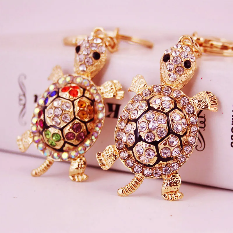 Turtle Keychain Gold Zinc Alloy Shiny Czech Rhinestone Sea Tortoise Bag Pendant Sparkling Jewelry Gift For Women Men