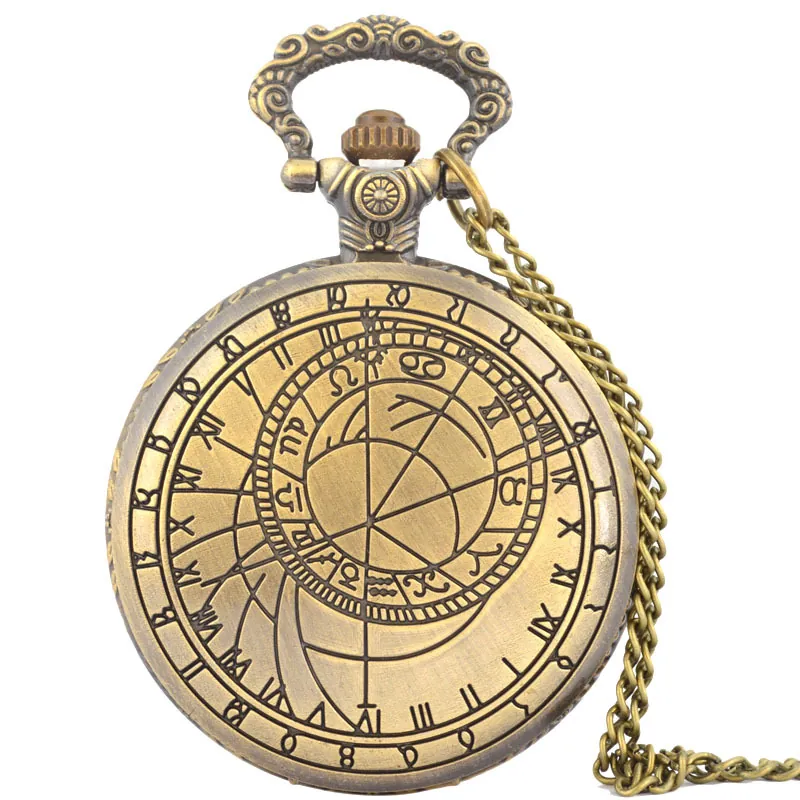 Vintage Pocket Watch Bronze Black Zinc Alloy Roman Numerals Quartz Movement Compass Zodiac Hollow Flip Cover Pendant
