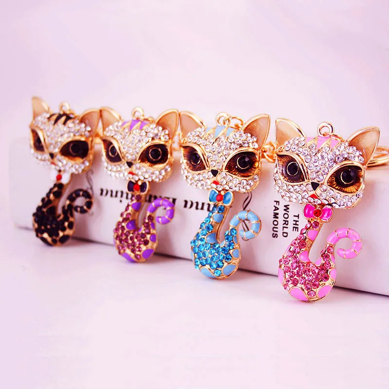 Cute Cat Keychain Creative Rhinestone Enamel Metal Car Key Ring Alloy Animal Pendant Jewelry For Women Handbag Accessory