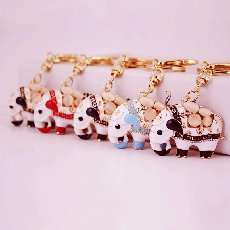 Porte-clés Éléphant en Émail Avec Strass Et Pierre Oeil-de-chat Mignon Animal Métal Anneau pour Sac Femme Bijoux Cadeau
