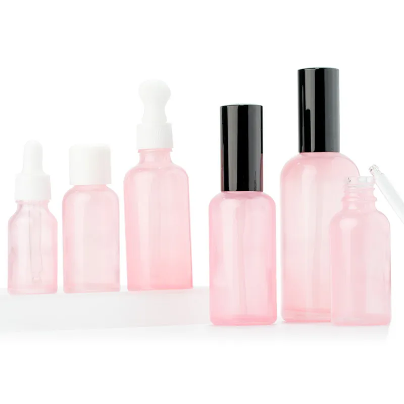 Pink Glass Refillable Bottles Empty Travel Essential Oil Perfume Spray Lotion Pump Dropper Roller Container