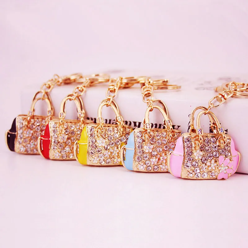 Zinc Alloy Rhinestone Handbag Keychain With Enamel Flower Decor Luxury Bag Charm Key Ring For Women Birthday Wedding Jewelry