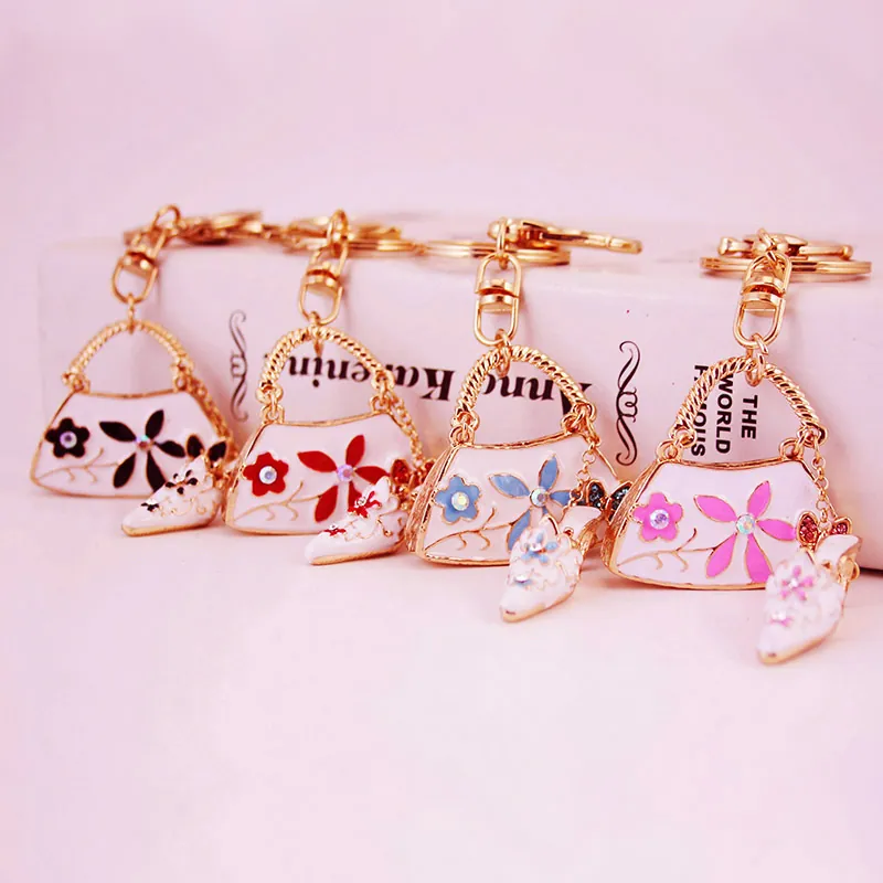Handbag And High Heel Shoe Keychain Alloy Enamel Rhinestone Floral Butterfly Pendant Fashion Bag Charm For Women