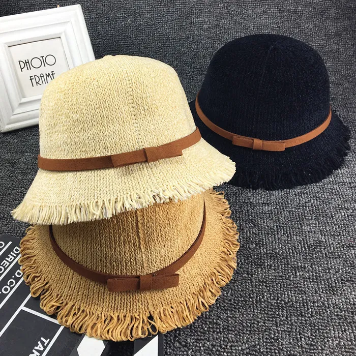 Chapeau Cloche Enfants Tricoté Paille Rétro Frange Bord Brut Nœud Décoration Fillette Bébé Doux Décontracté Solaire