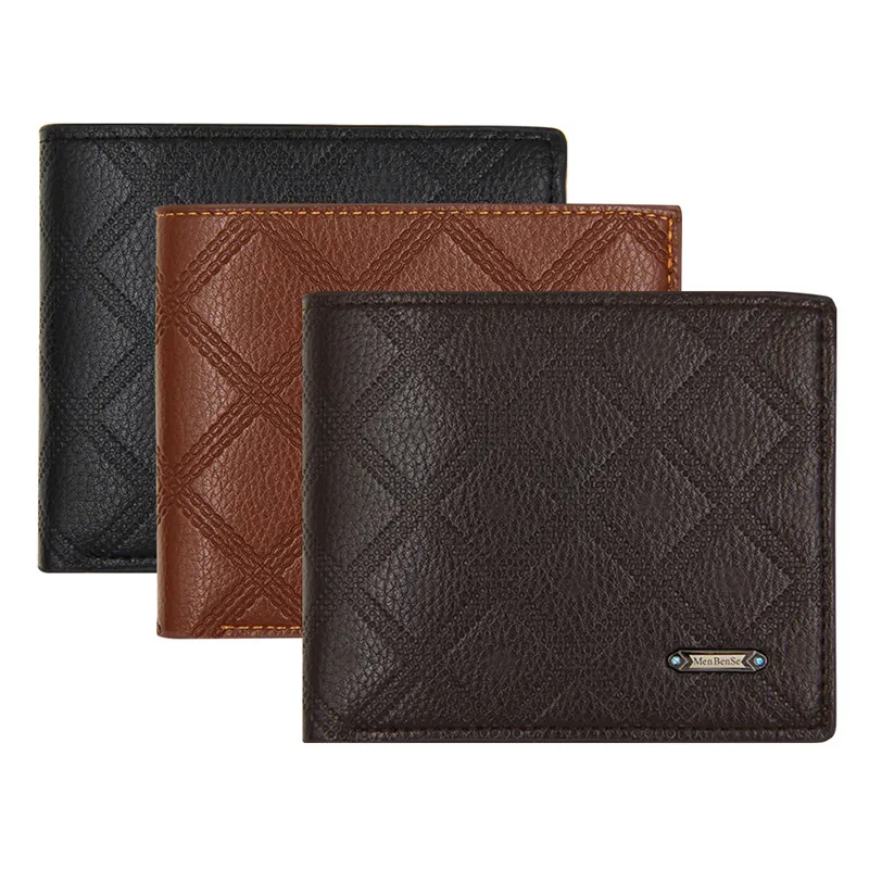 Portafoglio Bifold Da Uomo Pelle PU Motivo A Rombi Corto Orizzontale Business Casual Porta Carte