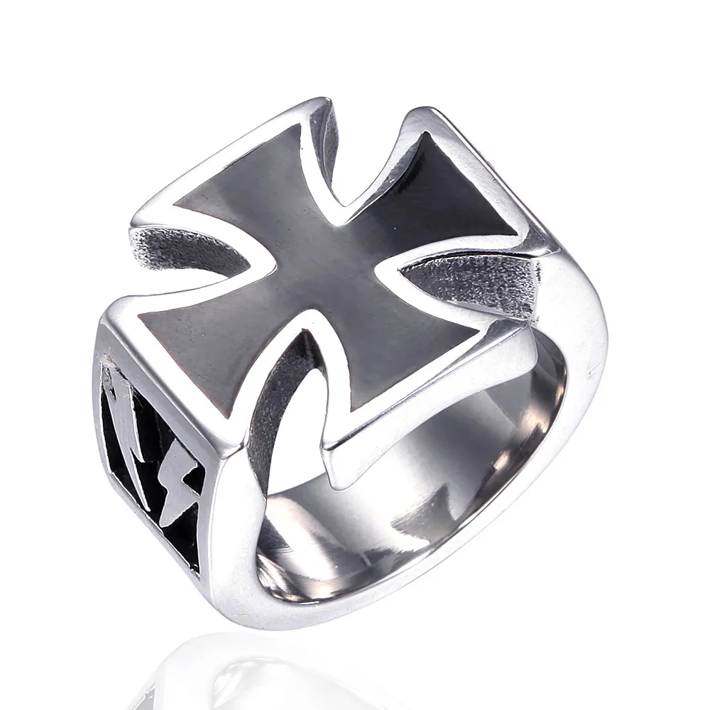 Vintage Men's Stainless Steel Ring With Iron Cross And Lightning Bolt Punk Biker Style Jewelry