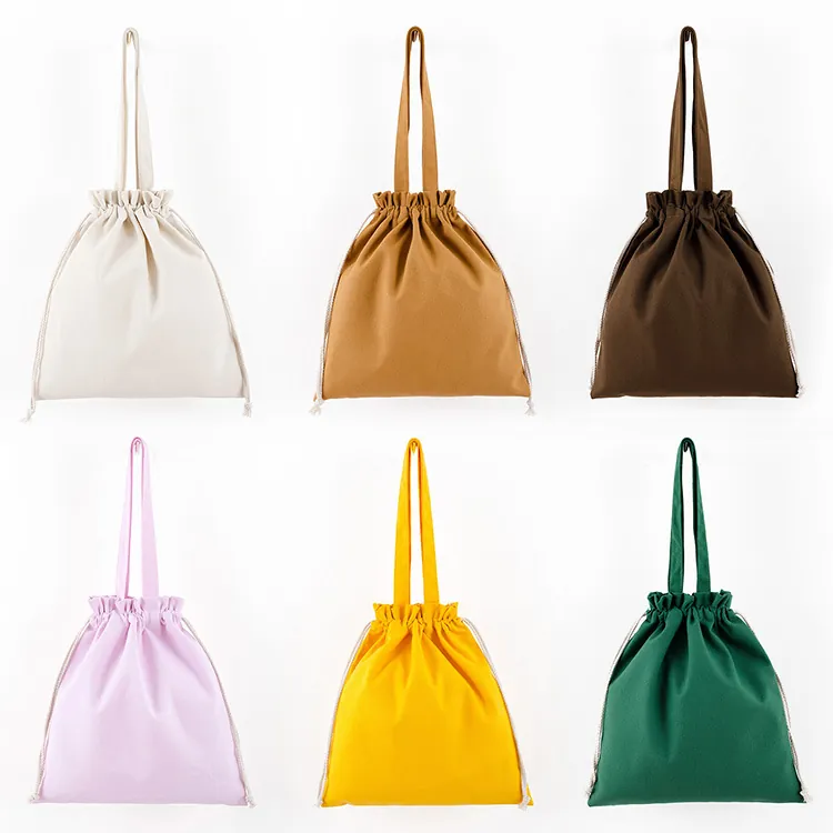 Canvas Tote Bag Drawstring Closure Cotton Storage Shopping Handbag Portable Solid Color Plain Reusable