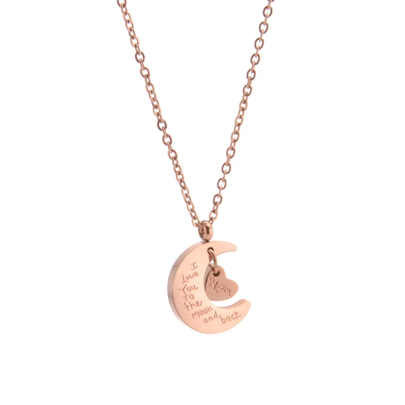 Rose Gold Stainless Steel Moon Heart Pendant Necklace I Love You To The Moon And Back Engraved Mom Jewelry Gift Women