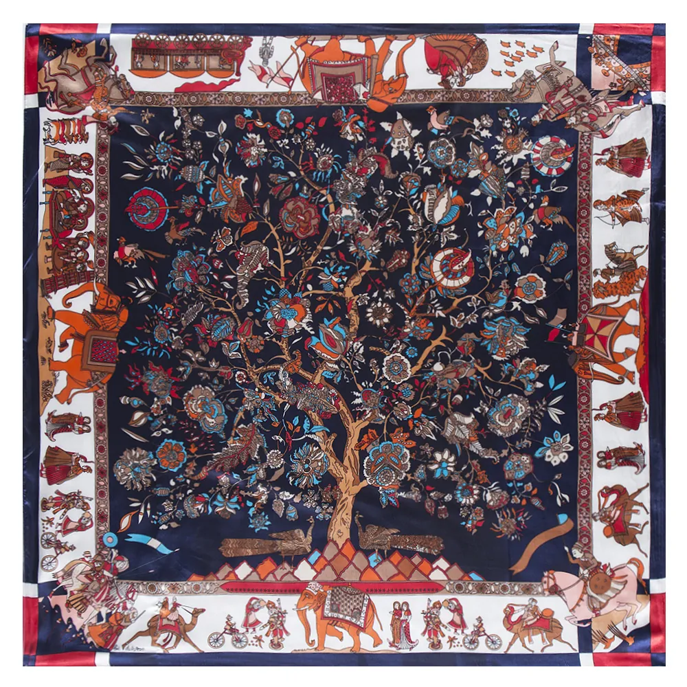 Women's Ethnic Elephant Tree Of Life Pattern Satin Square Scarf Vintage Silk Feeling Polyester Large Bandana Foulard Scarf Headwrap