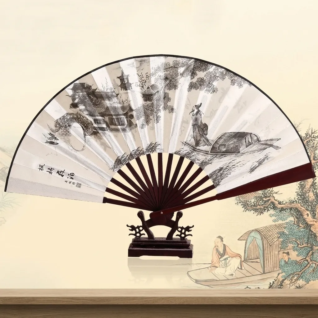 Traditional Chinese Style Folding Fan Bamboo Ribs Satin Fabric Surface Ink Landscape Painting Calligraphy Decorative Hand Fan