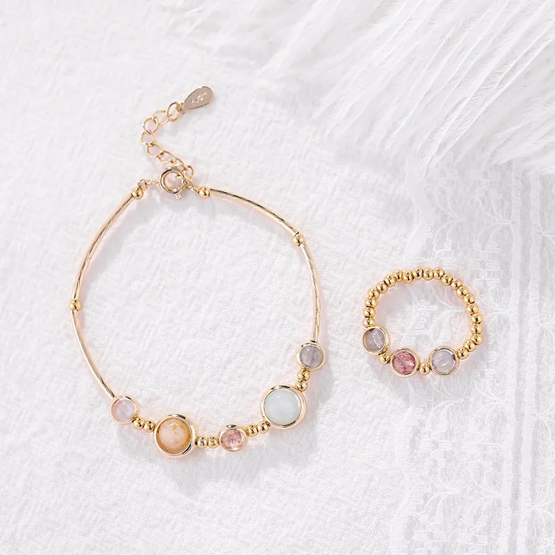 Natur Erdbeerquarz Kristall Armband Und Ring Mehrfarbige Glücksperlen Verstellbarer Modeschmuck Für Damen
