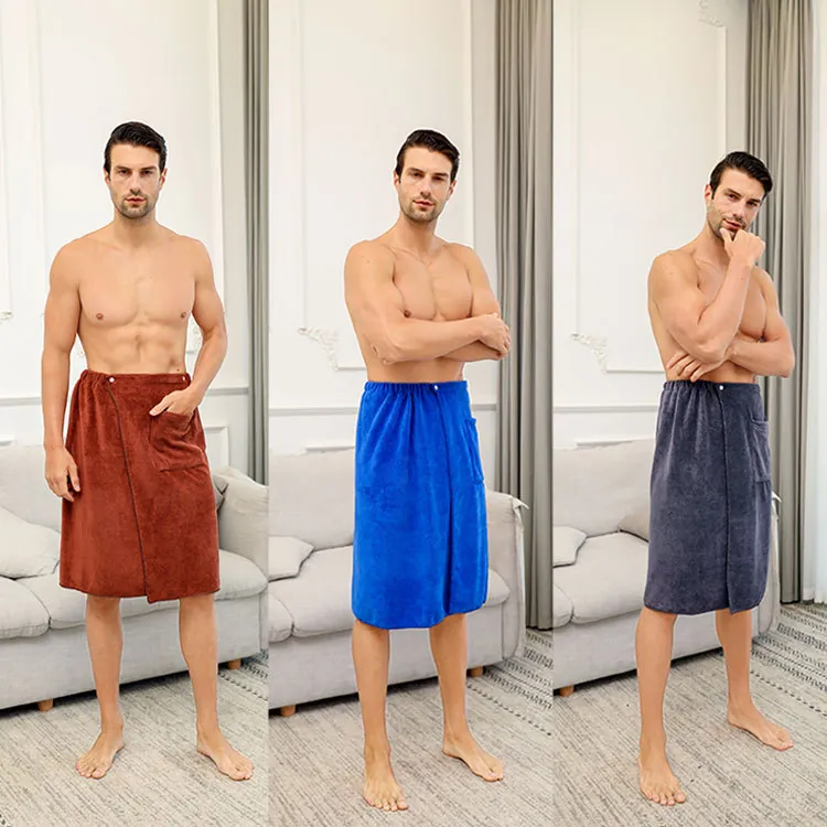 Toalla De Baño Portátil Para Hombre Microfibra Suave Secado Rápido Albornoz Falda Con Bolsillo Cierre De Botón Color Sólido