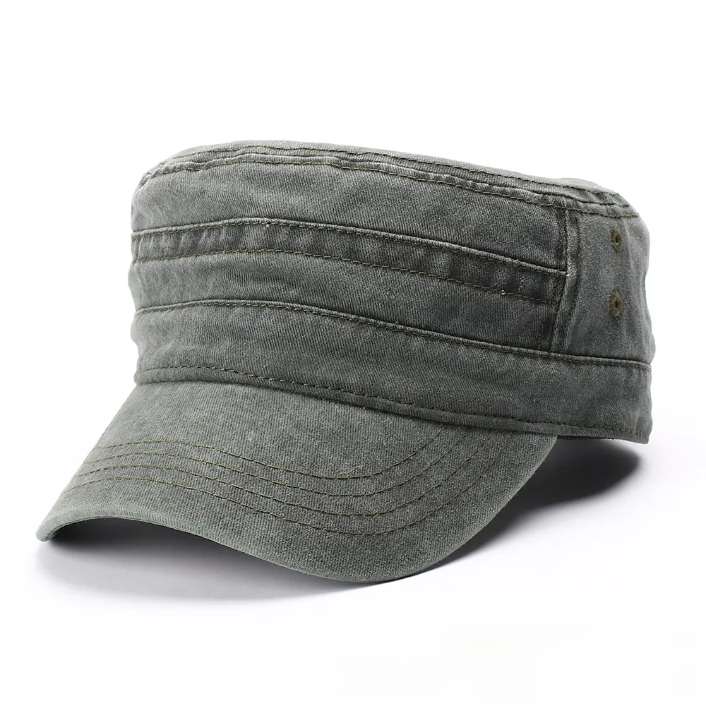 Casquette Cadet En Coton Lavé Chapeau Militaire À Toit Plat Vieilli Réglable Respirant Extérieur Décontracté Hommes Femmes