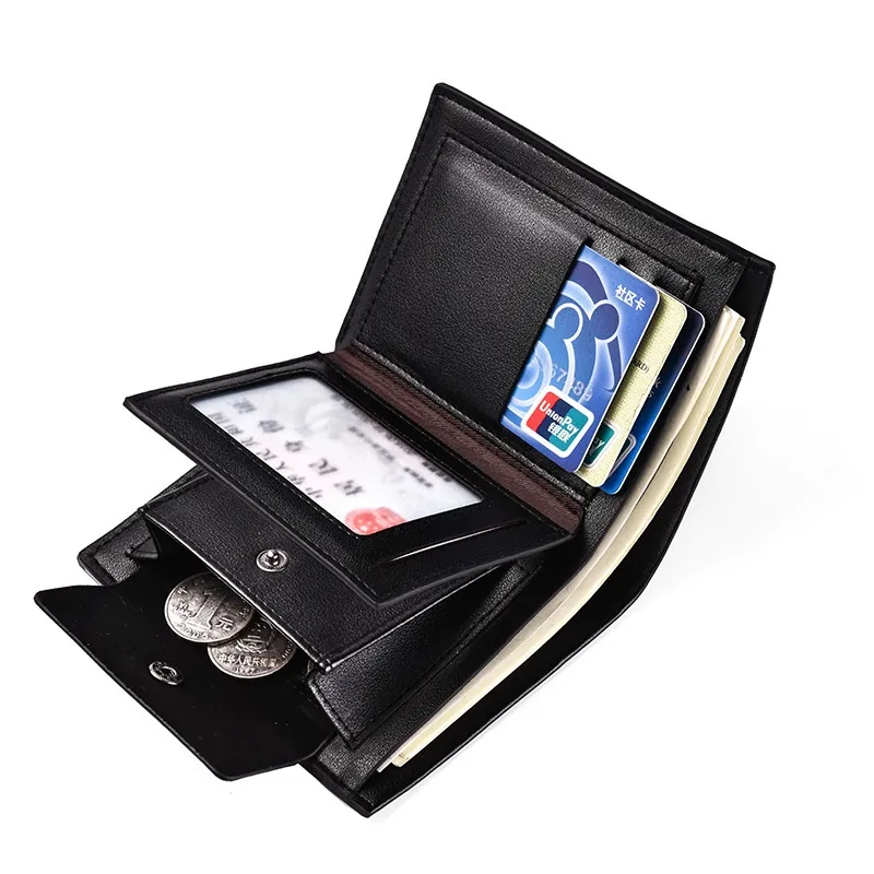 Men Short Wallet PU Leather Bifold Card Holder With ID Window Snap Coin Pocket Business Casual Multi-Slot Purse