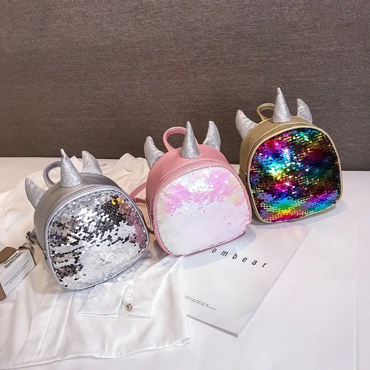 Kids Mini Cute Sequins Unicorn Backpack Girls Fashion PU Leather School Bag Glitter Daypack Casual Travel Bookbag
