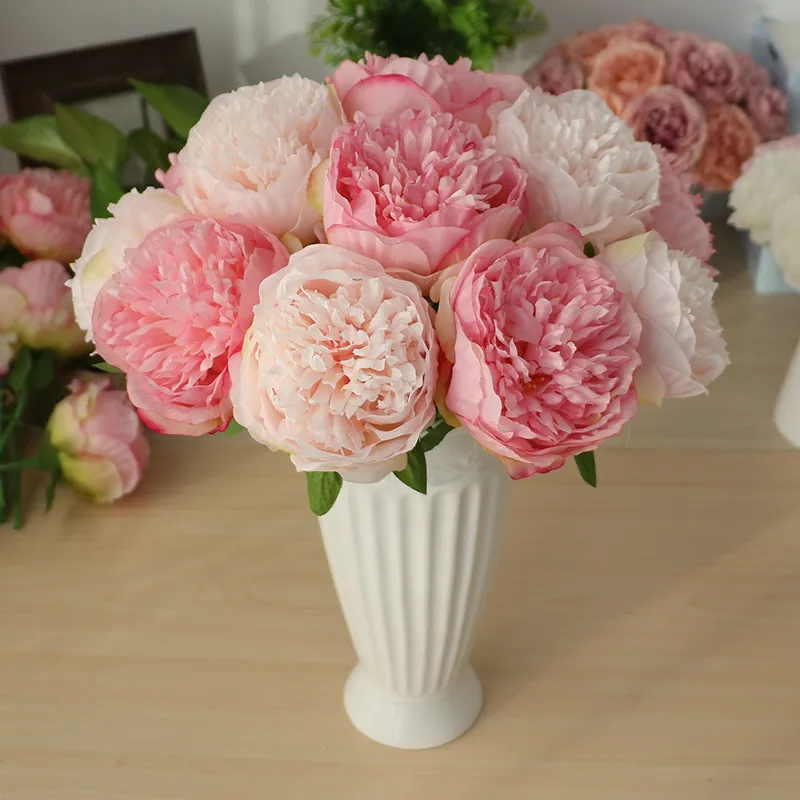 Artificial Peony Flowers Bouquet Satin Realistic Fake Floral For Home Wedding Party Decor Table Arrangement
