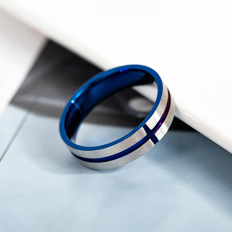 Vintage Stainless Steel Cross Ring Blue Black Brushed Finish Band Ring For Men Women Fashion Religious Jewelry Gift