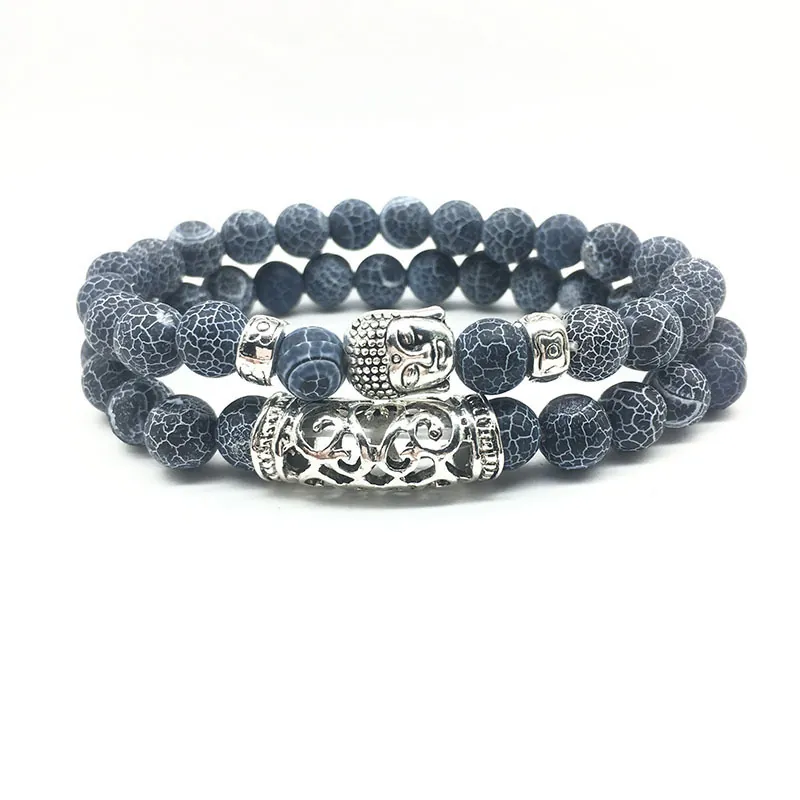 Buddha Head Beaded Bracelet And Hollow Carved Tube Bracelet Natural Stone Lava Tiger Eye Ethnic Vintage Zen Style Stretch Wear