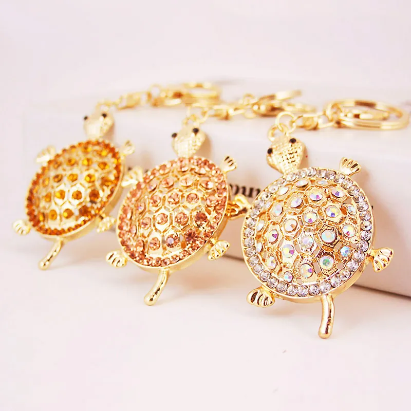 Porte-clés Tortue de Mer en Alliage de Zinc Plaqué Or avec Strass Pendentif de Sac Animal en Cristal Cadeau pour Femmes