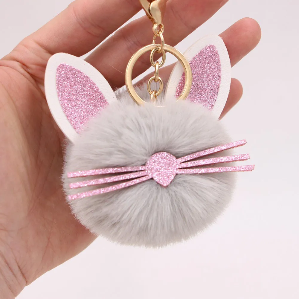 Cute Cat Ear Pom Pom Keychain Plush Faux Rex Rabbit Fur Glitter Whiskers Bag Pendant Car Hanging Decoration