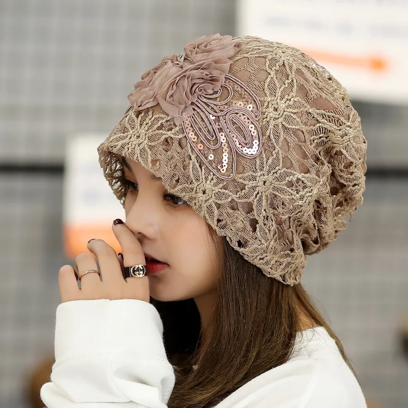 Women Elegant Lace Beanie Hat With 3D Flower Sequins Hollow Out Breathable Skull Cap Summer Sunshade Fashion Headwear