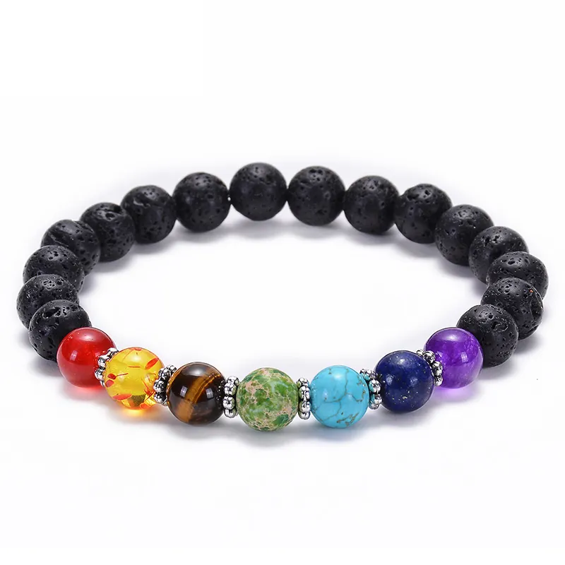 Chakra Lava Stone Beaded Bracelet Natural Gemstone Yoga Healing Essential Oil Diffuser Stretch Jewelry Unisex