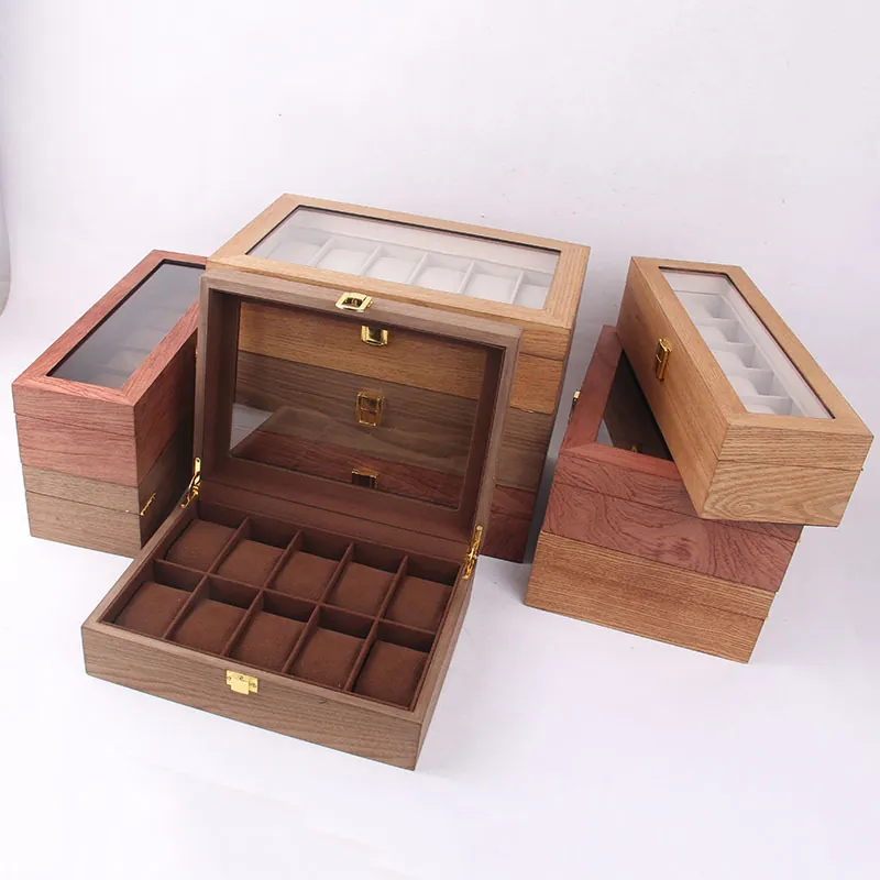 Boîte à Montres Vintage en Bois Organisateur Rétro Grain de Bois Boîtier de Présentation pour Montres Avec Fenêtre en Verre Serrure Métallique Pour Maison Bureau