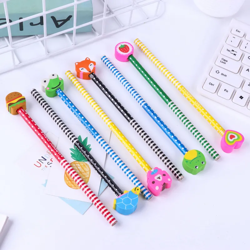 Cartoon HB Wooden Pencils With Animal Food Christmas Eraser Toppers Striped Polka Dot Stationery For Kids Students