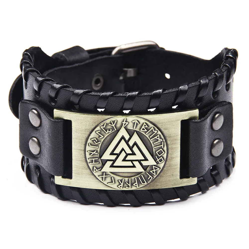 Viking Leather Bracelet Retro Nordic Valknut Rune Cowhide Alloy Metal Wristband Punk Ethnic Adjustable For Men Women