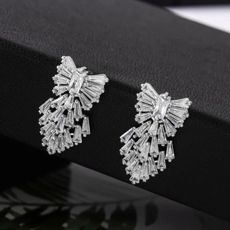 Copper White Gold Plated Stud Earrings For Women With AAA Zircon Butterfly Wing Fan Shape Dangle Tassel Luxury Jewelry