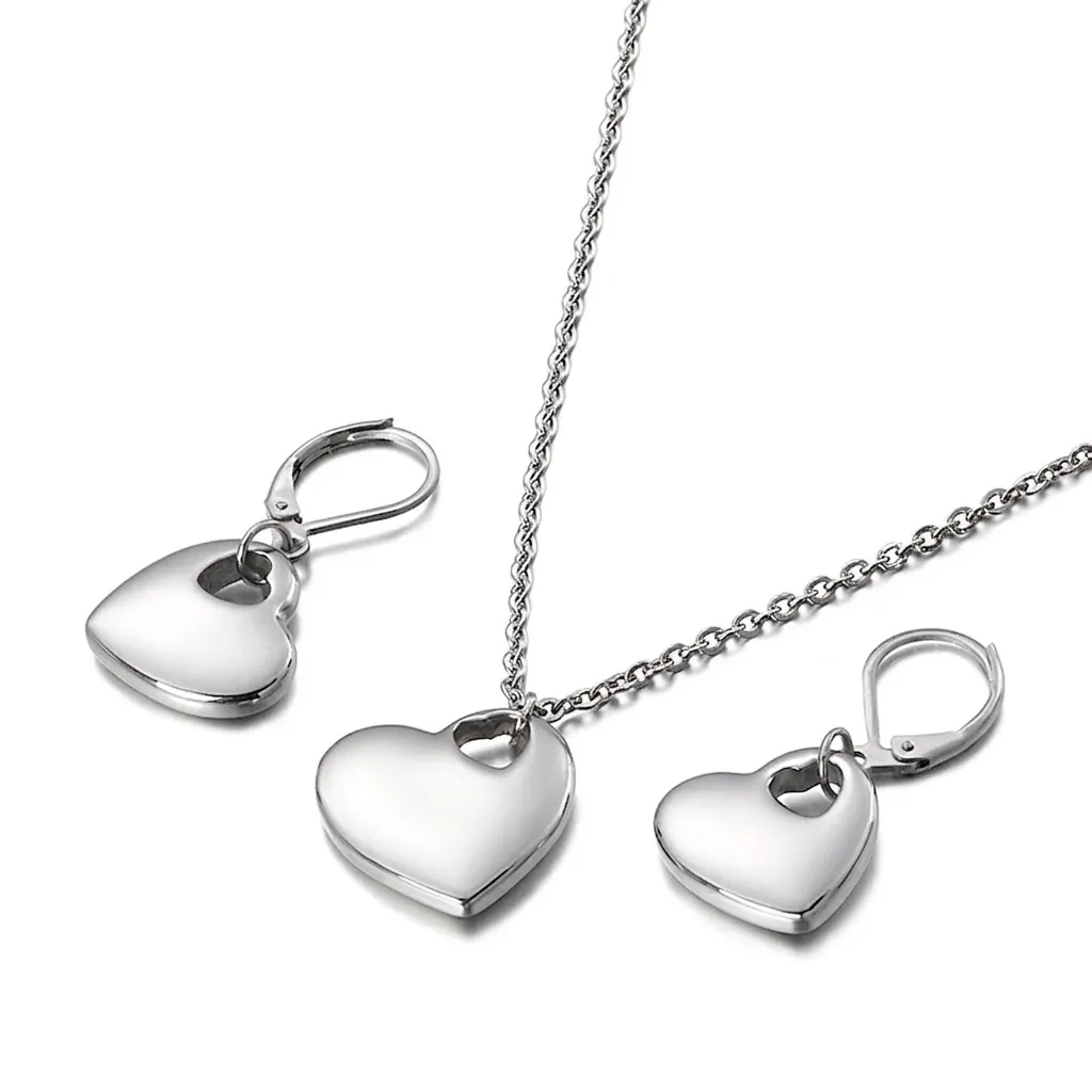 Set Di Gioielli Con Collana E Orecchini A Cuore Cavo Acciaio Inossidabile Lucidato Minimalista Elegante Per Donna