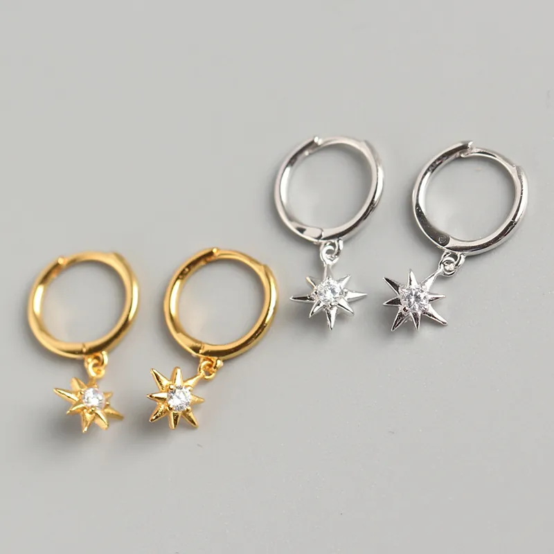 Octagon Starburst Dainty Huggie Hoop Earrings With 925 Sterling Silver Earring Post And Cubic Zirconia For Women