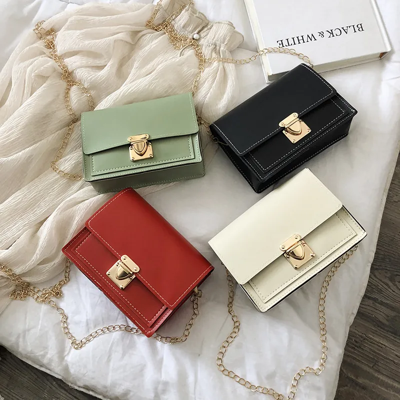 Women PU Leather Small Square Bag Korean Fashion Chain Shoulder Bag With Gold Metal Lock Casual Summer Crossbody Purse