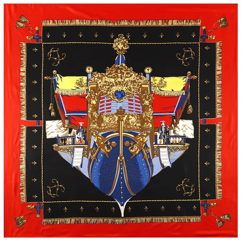 Carré de Soie Satiné Imprimé Voilier Vintage Européen Grand Châle pour Femme Motif Fleur de Lys Classique Décoratif Imprimé
