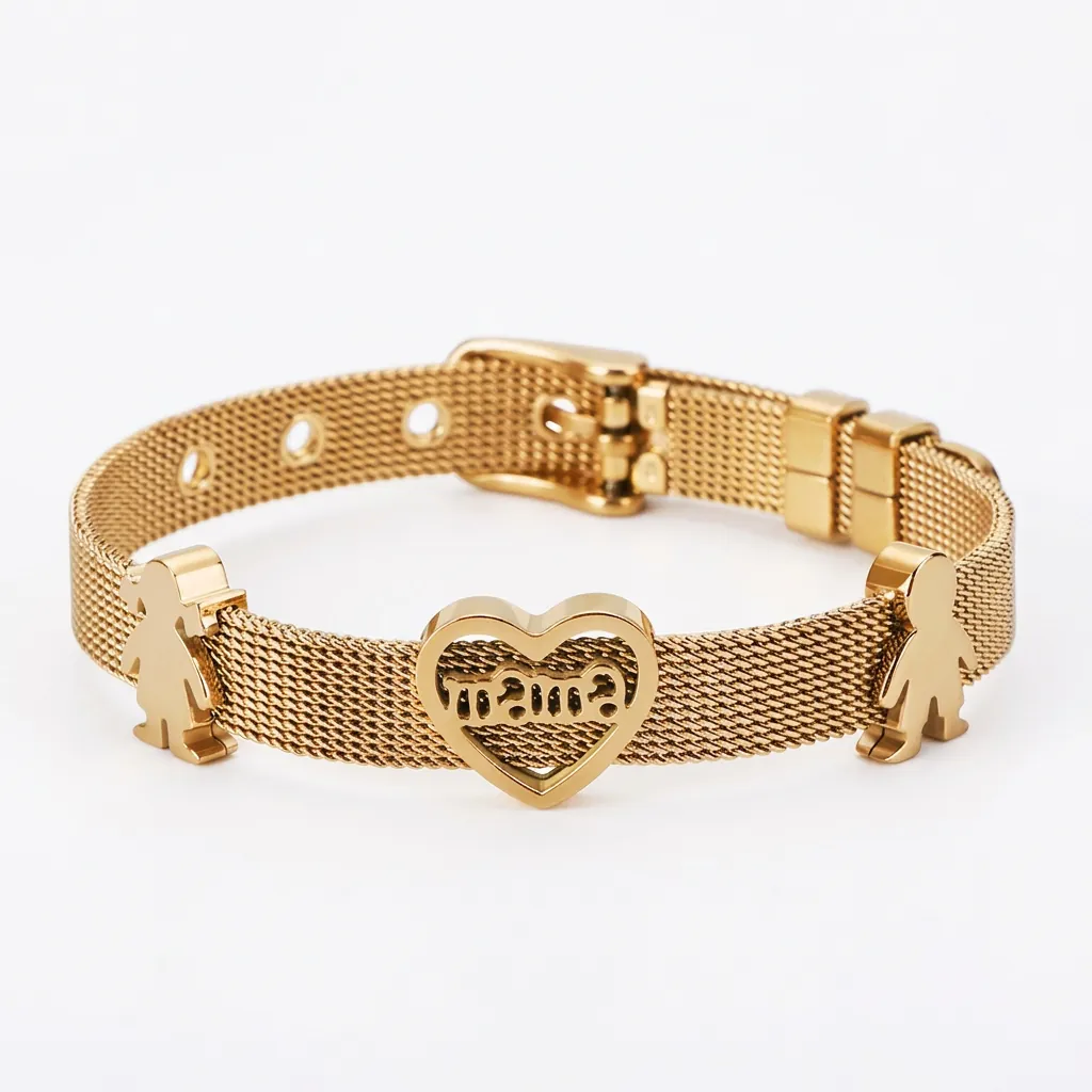 Bracelet En Maille D'Acier Inoxydable Breloque Cœur Mama Pendentifs Garçon Et Fille Style Montre Réglable Fête Des Mères