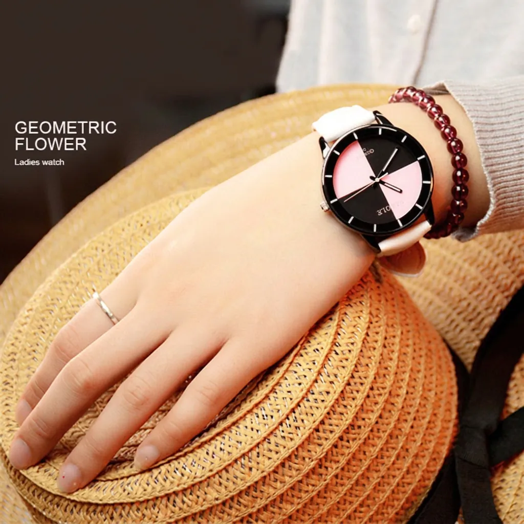 Women Fashion Quartz Watch Minimalist Geometric Split Color Dial Leather Strap Waterproof Casual Elegant Wristwatch