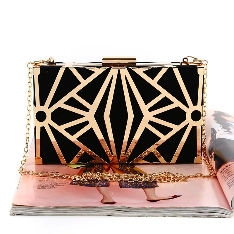Borsa Da Sera Clutch In Velluto Con Telaio In Metallo Traforato Geometrico Art Deco Rigida Matrimonio Banchetto Elegante Retro Donna
