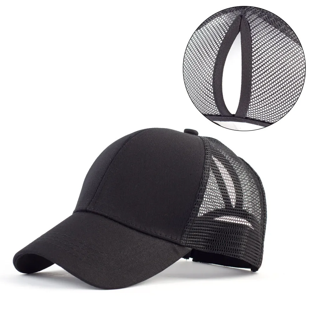 Casquette de Baseball en Maille pour Femme avec Trou Queue de Cheval Coton Respirant Trucker Hat Couleur Unie Camouflage Ajustable