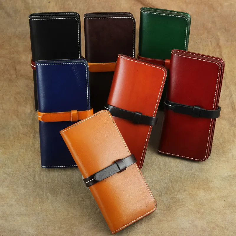 Portafoglio Lungo In Vera Pelle Concia Vegetale Fatto A Mano Stile Retro Vintage Con Scomparti Per Carte E Zip