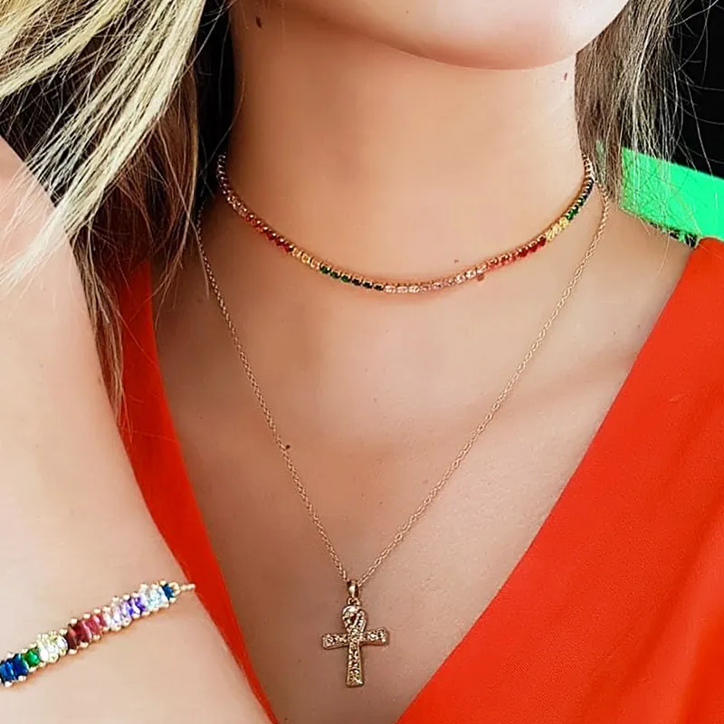 Rainbow Colorful Zircon Tennis Necklace Copper 18K Gold Plated Minimalist Geometric Choker For Women